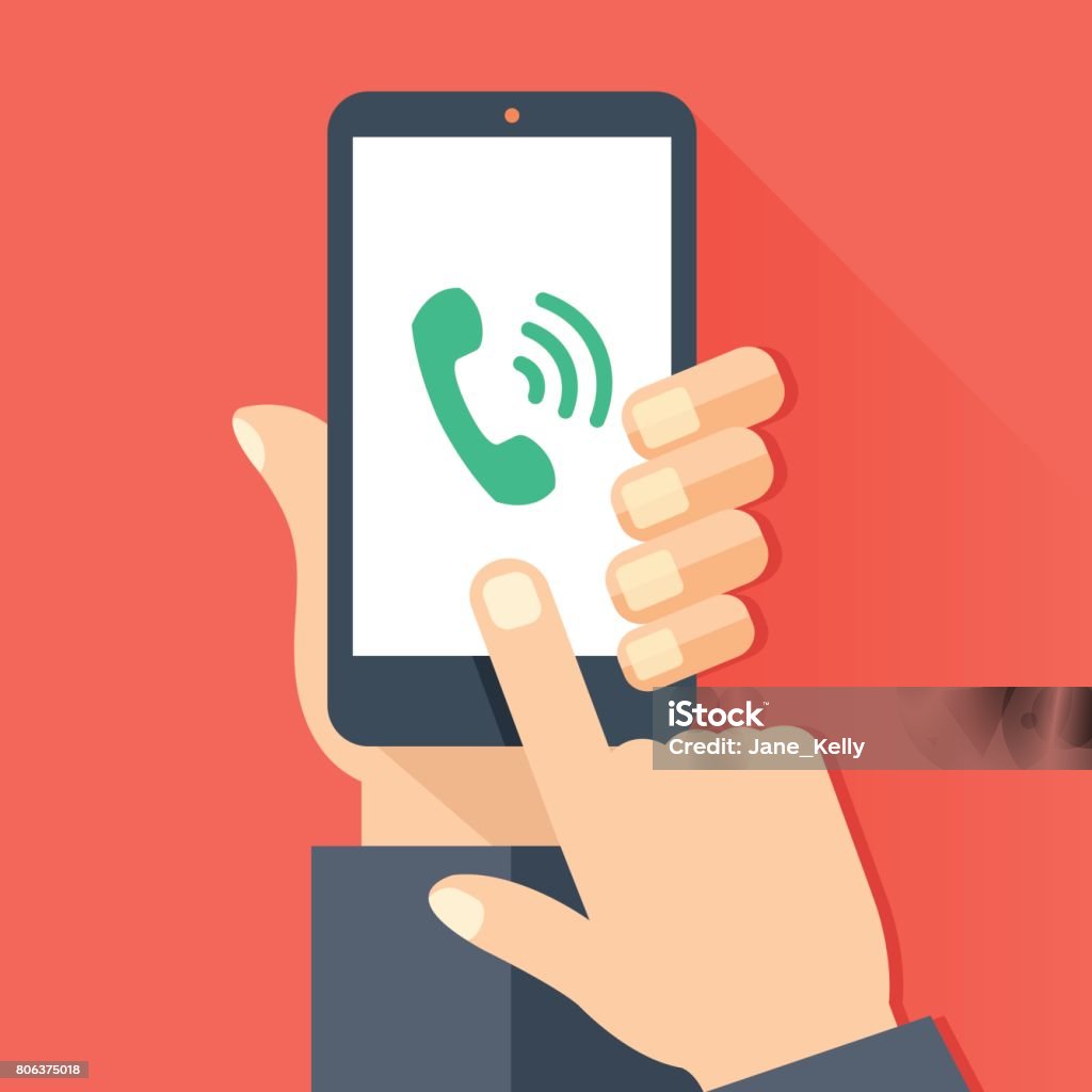Phone call, incoming call, answer, ringing phone concepts. Hand holding smartphone with green handset icon and waves, Finger touching screen. Modern flat design vector illustration Phone call, incoming call, answer, ringing phone concepts. Hand holding smartphone with green handset icon and waves, Finger touching screen. Modern flat design graphic elements. Vector illustration Using Phone stock vector