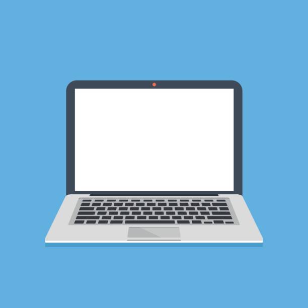 Laptop z białym ekranem. Cienki nowoczesny notebook z pustym pustym ekranem. Szablon laptopa. Nowoczesne płaskie elementy graficzne. Ilustracja wektorowa – artystyczna grafika wektorowa