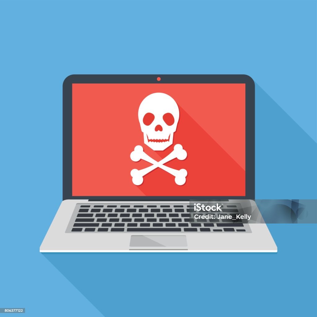 Laptop with skull and crossbones. Modern notebook and skull icon. Virus attack, ransomware, malicious software, hacker attack concepts. Long shadow design. Modern flat design vector illustration Computer stock vector