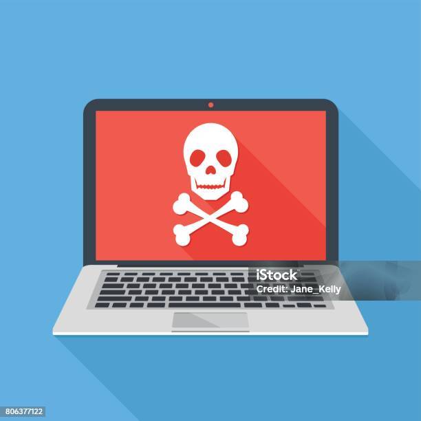 Laptop With Skull And Crossbones Modern Notebook And Skull Icon Virus Attack Ransomware Malicious Software Hacker Attack Concepts Long Shadow Design Modern Flat Design Vector Illustration Stock Illustration - Download Image Now