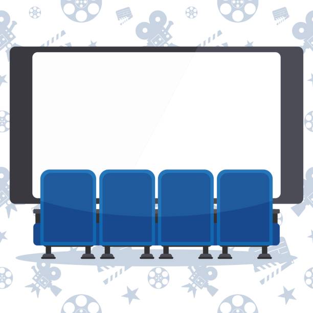 ilustrações, clipart, desenhos animados e ícones de cadeiras de cinema azul e tela - backdrop focus on background design element empty