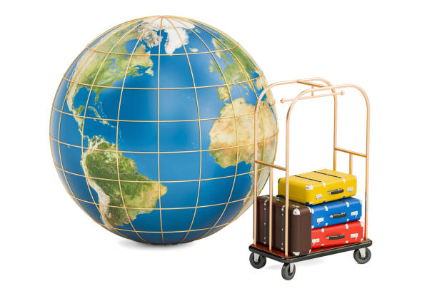 istock Earth globe and hotel trolley with colored suitcases, 3D rendering isolated on white background 806438646