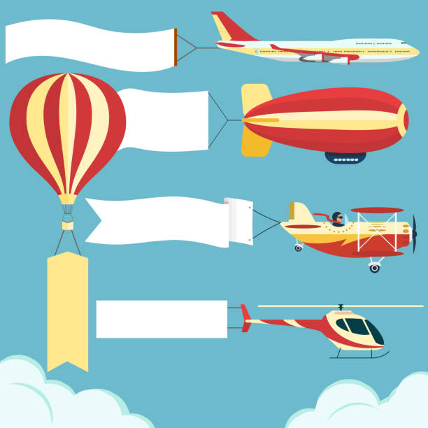 Airplane with poster Air vehicle with banner set. Airplane, Dirigible, hot air balloon with blank poster. Plane, Zeppelin Biplane, helicopter with white ribbon in blue sky. Vector blimp stock illustrations