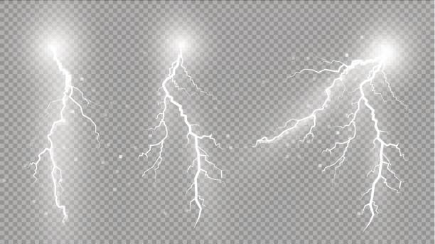 illustrazioni stock, clip art, cartoni animati e icone di tendenza di una serie di fulmini. effetti di luce magici e luminosi - lightning