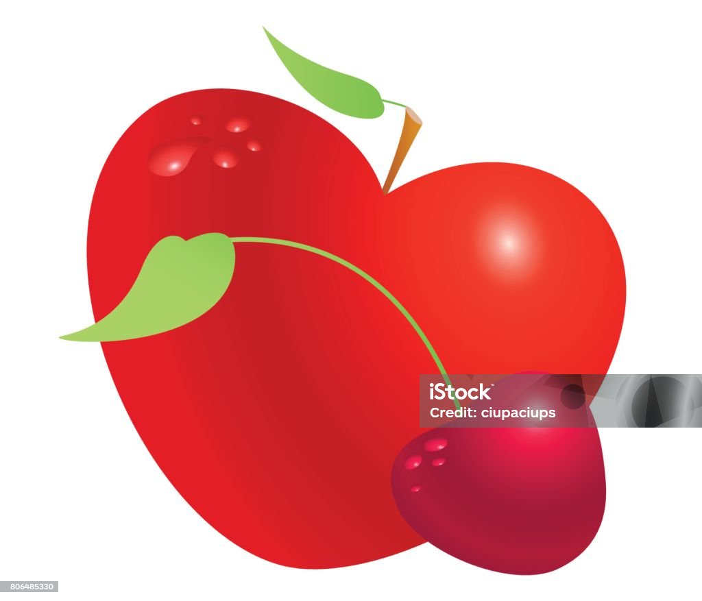 Kırmızı Sevgililer kalp elma ve kiraz kümesi üzerinde beyaz arka plan vektör illüstrasyon izole - Royalty-free Arkadaşlık Vector Art