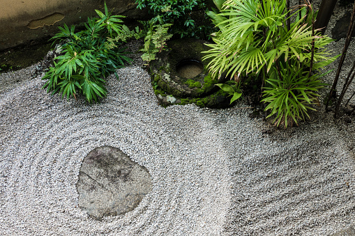rock garden is a dry landscpae of japanese shot from top view in the cloudy day