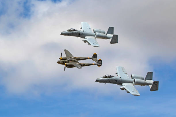 Airplanes a pair of A-10 Warthog jet fighters flying with a P-38 Lightning during Heritage Flight at air show Los Angeles, California,USA - March 25,2017. Fairchild Republic A-10 Thunderbolt II "Warthog" fighter aircraft  and P-38 Lightning flying at the 2017 Los Angeles Air Show in Los Angeles, California. The 2017 Los Angeles Air Show features 2 days of military aircraft and the Thunderbirds flying for the general public. a10 warthog stock pictures, royalty-free photos & images