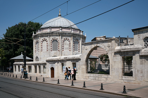 A view at the Topkapi Palace Museum through an arch in Istanbul, Turkey