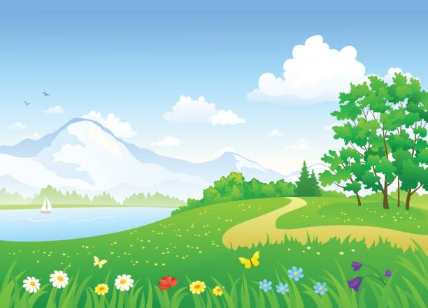 illustrations, cliparts, dessins animés et icônes de paysage d'été avec une vue sur le lac - spring grass cloud butterfly
