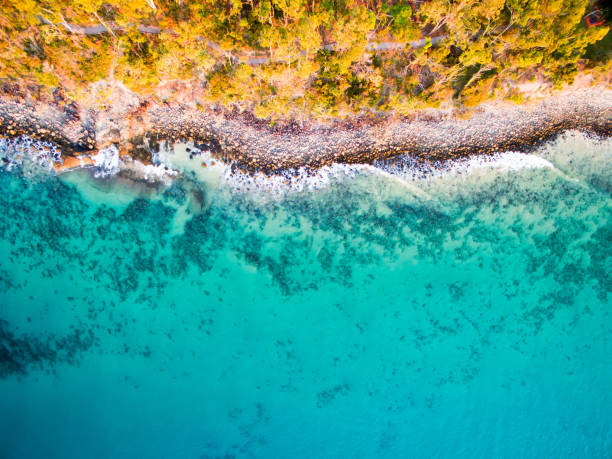 An aerial view of Noosa on a clear day with blue water stock photo