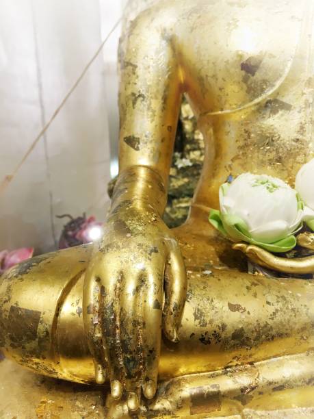 istock Lotus flower on hand golden buddha statue. 806561738