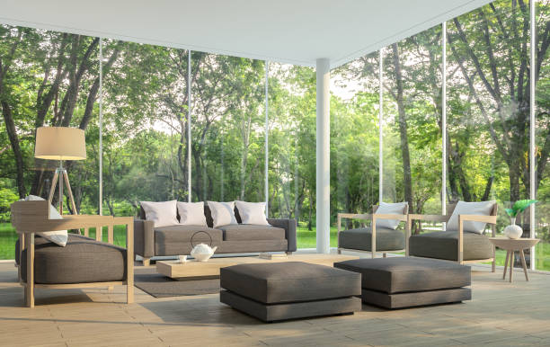 istock Modern living room with garden view 3d rendering Image. 806594086