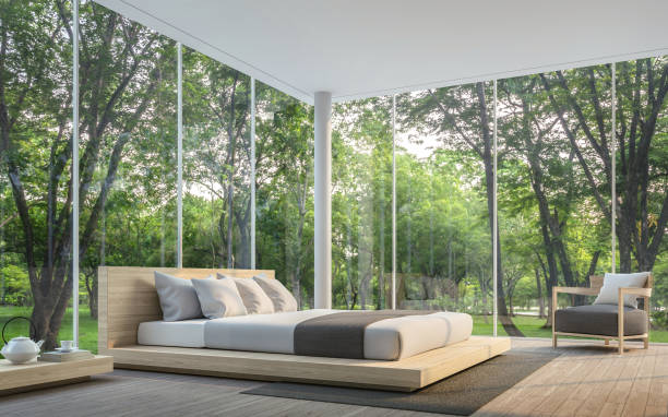 istock Modern living room with garden view 3d rendering Image 806594100