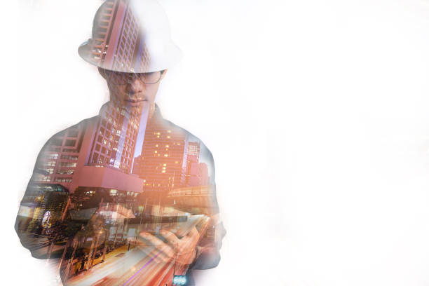 istock Double exposure of  Engineer or Architecture man in working shirt and safety helmet working with tablet in night building background , business and construction concept. 806594156
