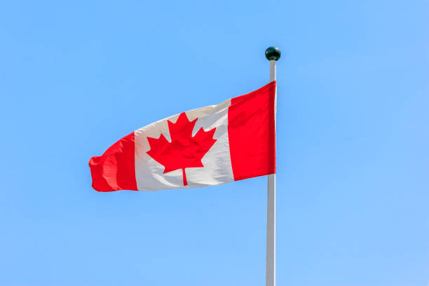 istock Canadian flag against blue sky 806629134
