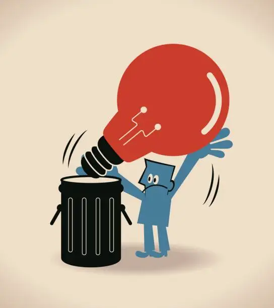 Vector illustration of Businessman throwing a big idea light bulb in a garbage (trash) can