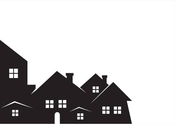 Town, black silhouette Town, black silhouette. Vector icon. Group of housess. cityscape borders stock illustrations