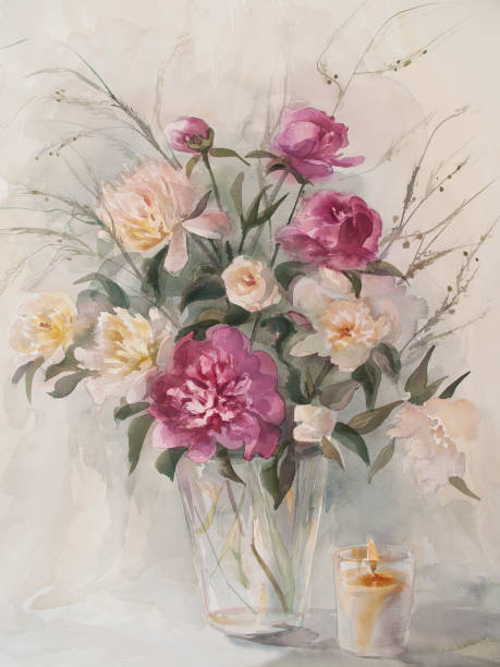 istock bouquet of color peonies with candle watercolor 806657178