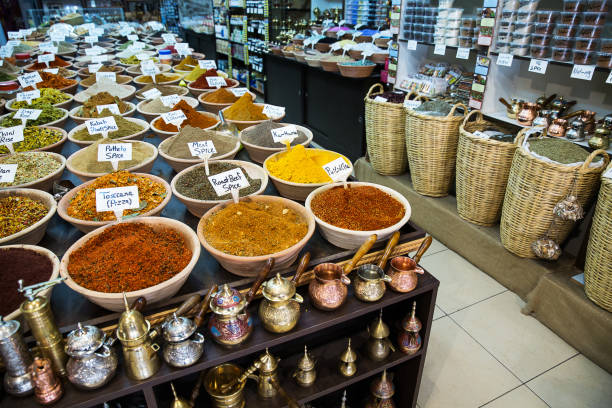 Various colored spices on the market in old city of Jerusalem .