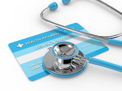3d render of health insurance card with stethoscope. All personal data is fictitious.
