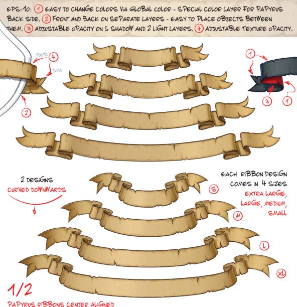 illustrazioni stock, clip art, cartoni animati e icone di tendenza di nastri di papiro curvi verso il basso - due disegni di quattro dimensioni - scroll parchment paper old