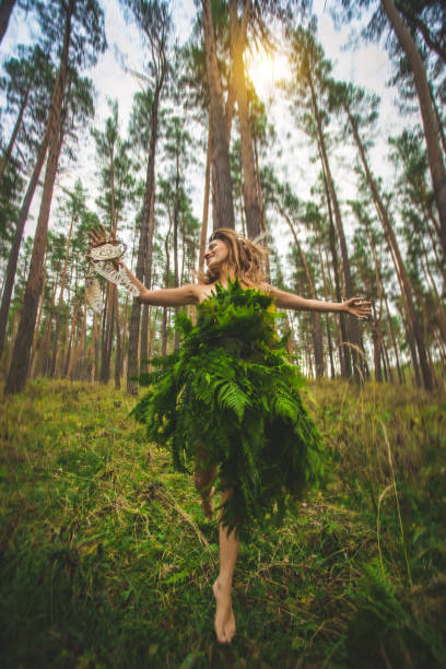 Elf woman fairy with dream-cacher wearing beautiful dress made from fern leaves. stock photo