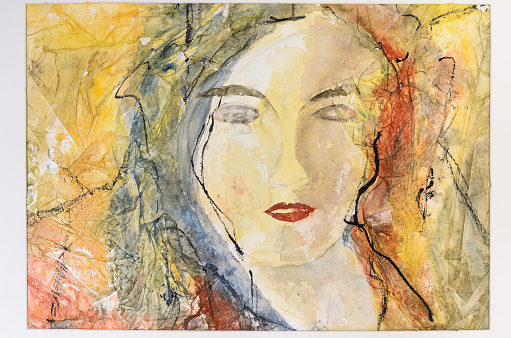 Modern watercolor sketched portrait of the face of a young woman in a color wash or blended style of red, yellow and black paint hues
