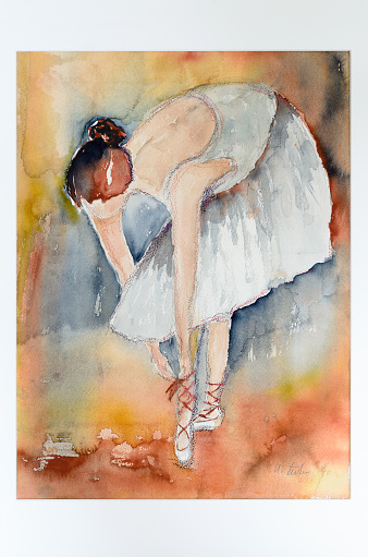 Modern watercolor fine art painting of a graceful young ballerina or dancer in a tutu bending down to tie the laces of her ballet shoes