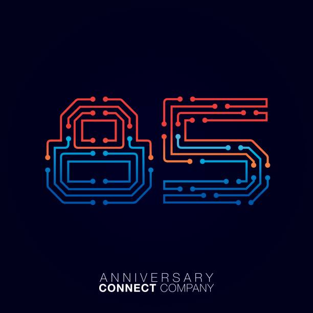 ilustrações de stock, clip art, desenhos animados e ícones de 85 anniversary, letter eighty-five icontype orange and blue color,technology and digital abstract dot connection company vector icon - number 80