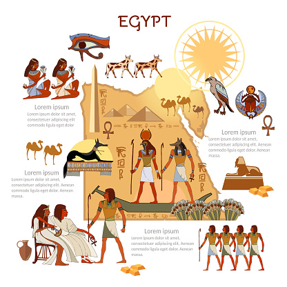 Ancient Egypt infographics. sights, culture. Egyptian gods and pharaoh traditions, map, people. Ancient Egypt template elements