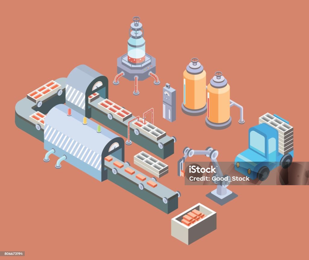 Automated production line. Factory floor with conveyor and various machines. Vector illustration in isometric projection. Automated production line. Factory floor with conveyor and various machines. Industrial vector illustration in isometric projection. Isometric Projection stock vector