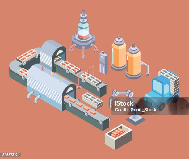 Automated Production Line Factory Floor With Conveyor And Various Machines Vector Illustration In Isometric Projection Stock Illustration - Download Image Now