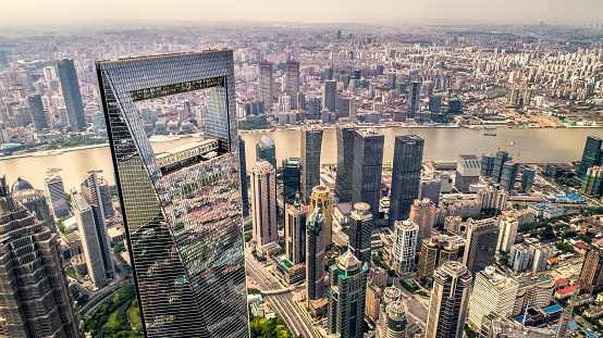 city,landmark,beautiful and dramatic aerial view of Shanghai