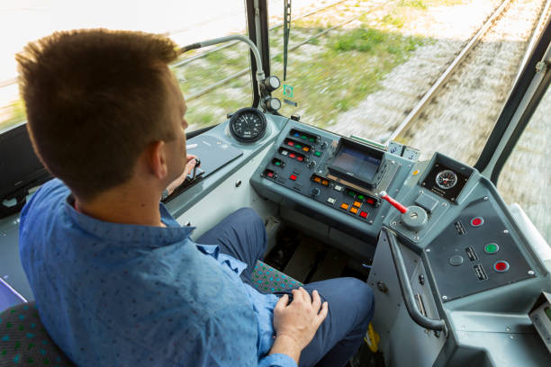 Sofia: Public transport driver drives city tram car during a test drive on new tramway cars for journalists.
