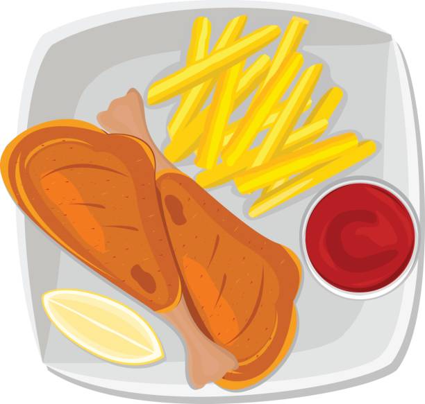 ilustrações de stock, clip art, desenhos animados e ícones de fried chicken leg on plate with french fries and tomato kethup - non veg