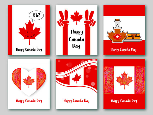 ilustrações de stock, clip art, desenhos animados e ícones de set of greeting cards in national colors of the canada. vector card canada day. canadian maple leaf say: eh? victory hands. pancakes with maple syrup. canadian food. happy canada day. canadian design - flag canada canadian flag maple leaf