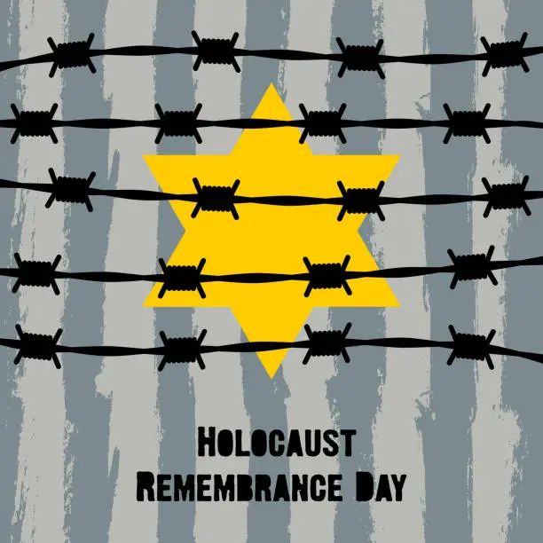 Vector illustration of Holocaust Remembrance Day. January 27. Holocaust Remembrance Day. Concentration Camps. Yellow Star of David. This David's Star was used in Ghetto and Concentration Camps. Vector illustration