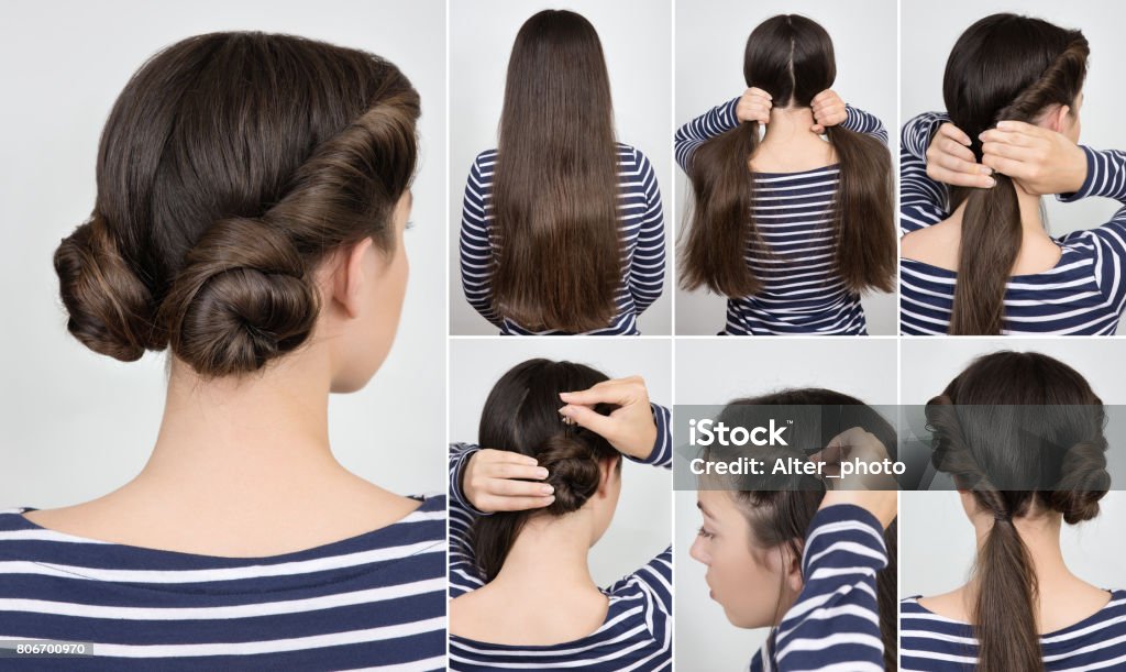 Hairstyle Twisted Buns Tutorial Stock Photo - Download Image Now - Hair Bun,  Hairstyle, Multiple Image - iStock