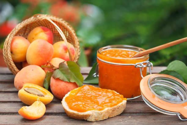 breakfast with homemade bread and apricot jam - meteo imagens e fotografias de stock