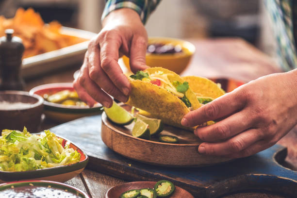 istock Mexican Tacos with Spicy Salsa, Minced Meat and Guacamole 806710132