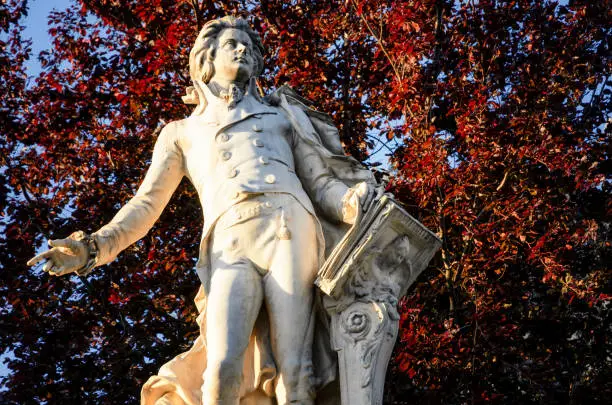 Monument in memory of Wolfang Amadeus Mozart in Burggarten, public park of Vienna (Austria), The sculpture was made by Viktor Tilgner in 1896 and is one of the most famous landmark in Vienna