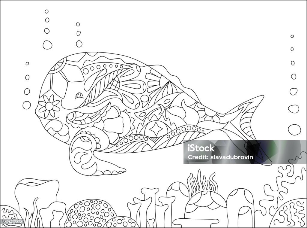 Whale and corals adult coloring page vector illustration Whale and corals coloring page, coloring page whale, sea theme coloring page with whale and coral, high detailed adult coloring whale, adult coloring book page whale, mandala style whale for coloring Coloring stock vector