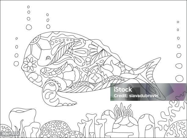 Whale And Corals Adult Coloring Page Vector Illustration Stock Illustration - Download Image Now