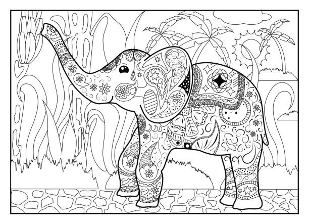 Adult coloring page with elephant Coloring page elephant in jungle, adult coloring page with elephant, tropical coloring page for adults, mandala style coloring page for adults, hand-drawn coloring page for adults, coloring page image adult coloring pages mandala stock illustrations
