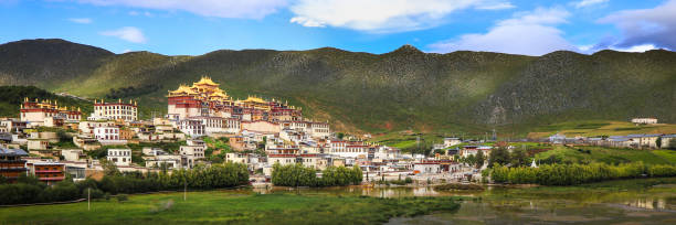 Shot showing myriad temples and monastic quarters at Ganden, close to Lhasa, central Tibet.