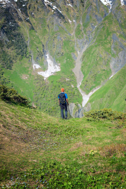 istock Adventurer stands on a green slope, in a mountain gorge 806730854