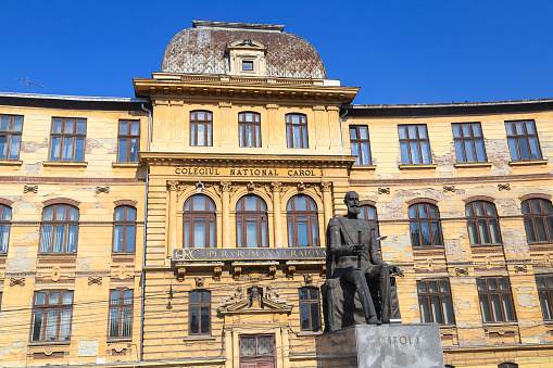 Carol I National College in Craiova, Romania is one of the prestigious institutions of Romanian education founded in 1826. Monument to Carol I is in front of the building.