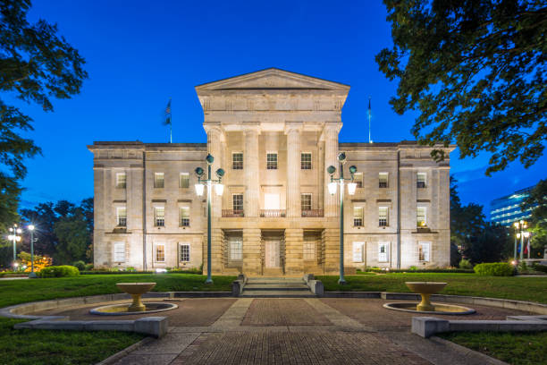 North Carolina Capitol at Dusk NC Raleigh USA State Capitol Building of Raleigh at Night - Twilight. Raleigh, North Carolina, USA. raleigh north carolina stock pictures, royalty-free photos & images
