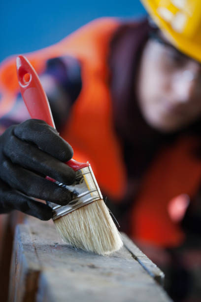 istock Carpenter woman painting with paintbrush 806769676