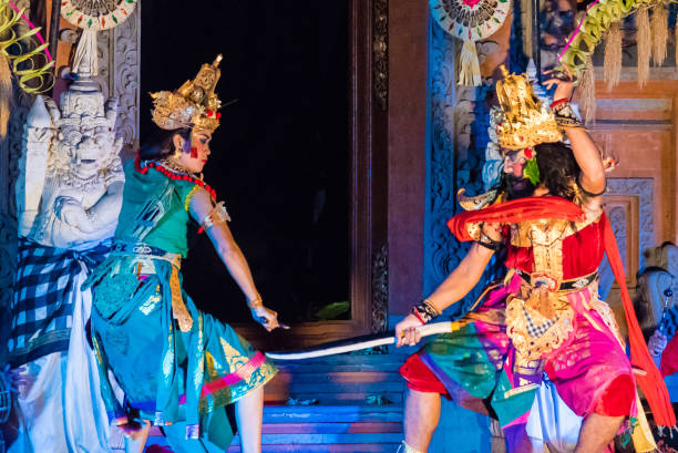 bali dancers performing ramayana ballet at royal palace, ubud, bali - traditional dancing ballet dancing classical style imagens e fotografias de stock